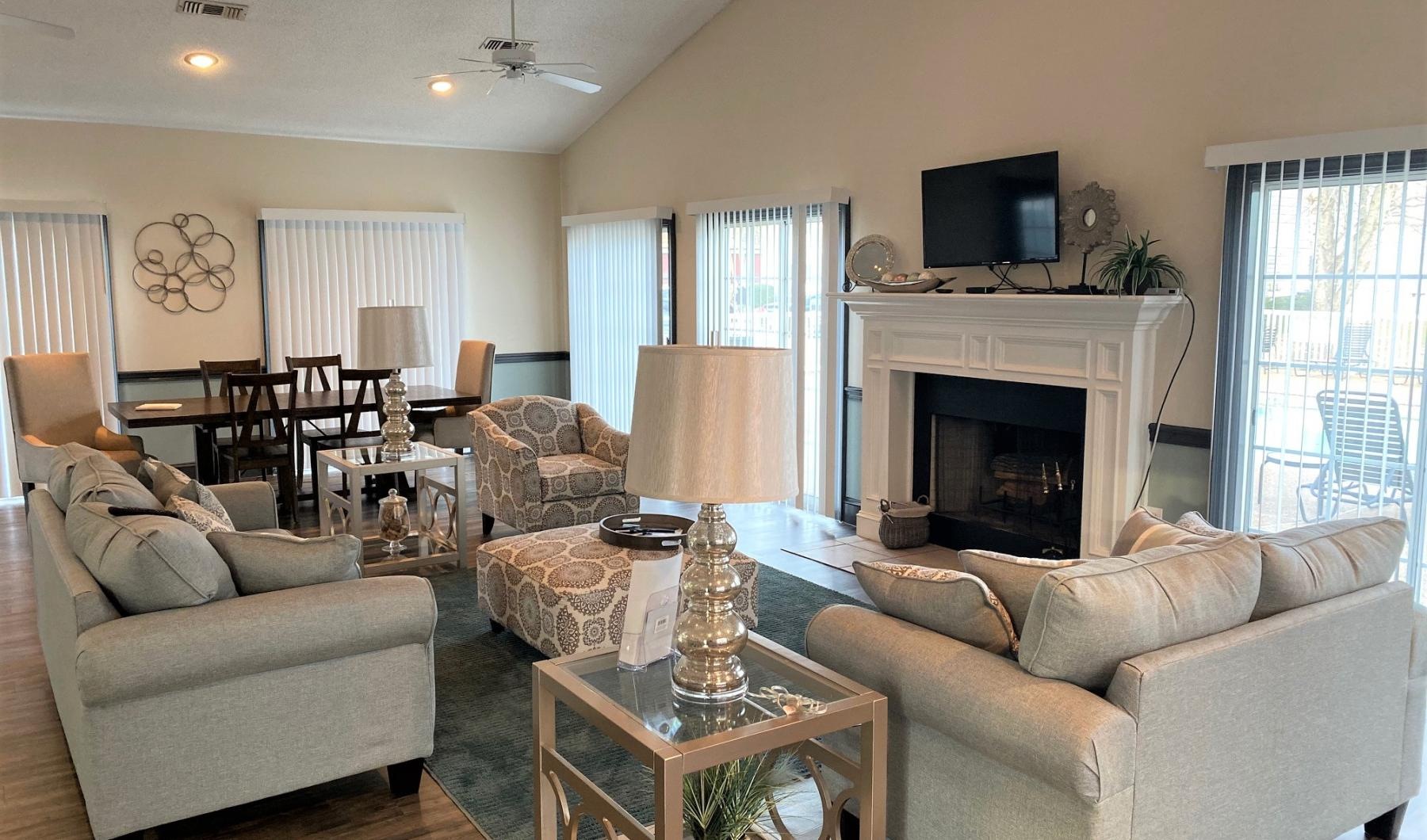 a living room with a fireplace